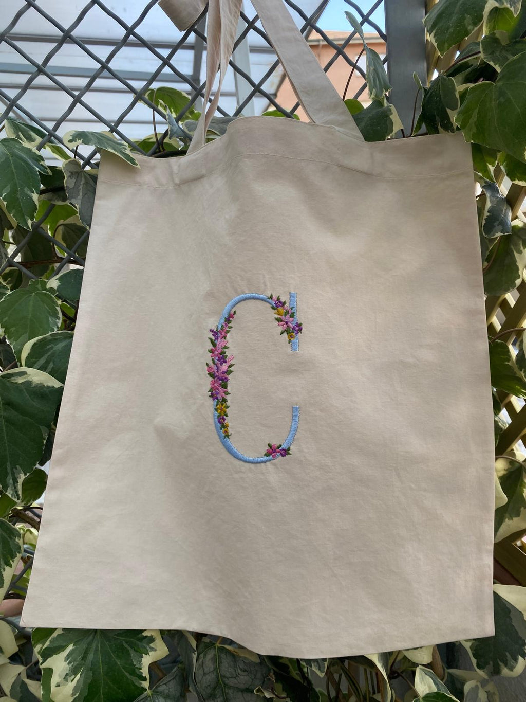 Bolso de Lino con Inicial de Flores Personalizado